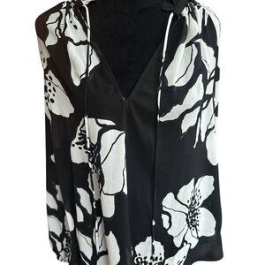 H&M Black & White Floral Sheer Ruffle Tie Neck Long Sleeve Blouse Large